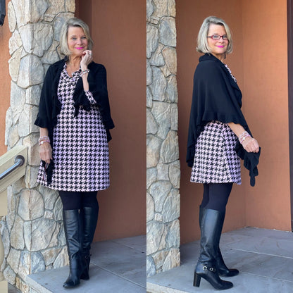 PINK HOUNDSTOOTH RUFFLE NECK DRESS FINAL,SALE