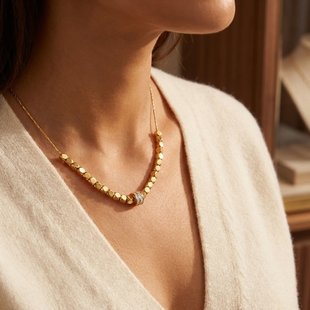 ALB Custom Gold Pebble Beaded Necklace With Pave Crystal Charm
