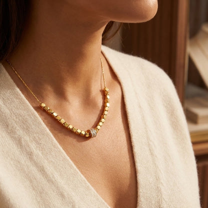 ALB Custom Gold Pebble Beaded Necklace With Pave Crystal Charm
