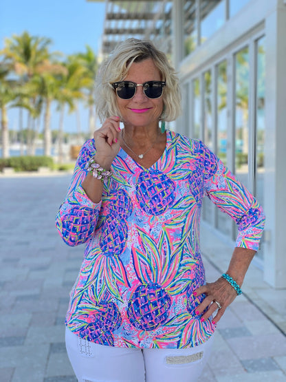 PINK PINEAPPLE DREAM V NECK TOP