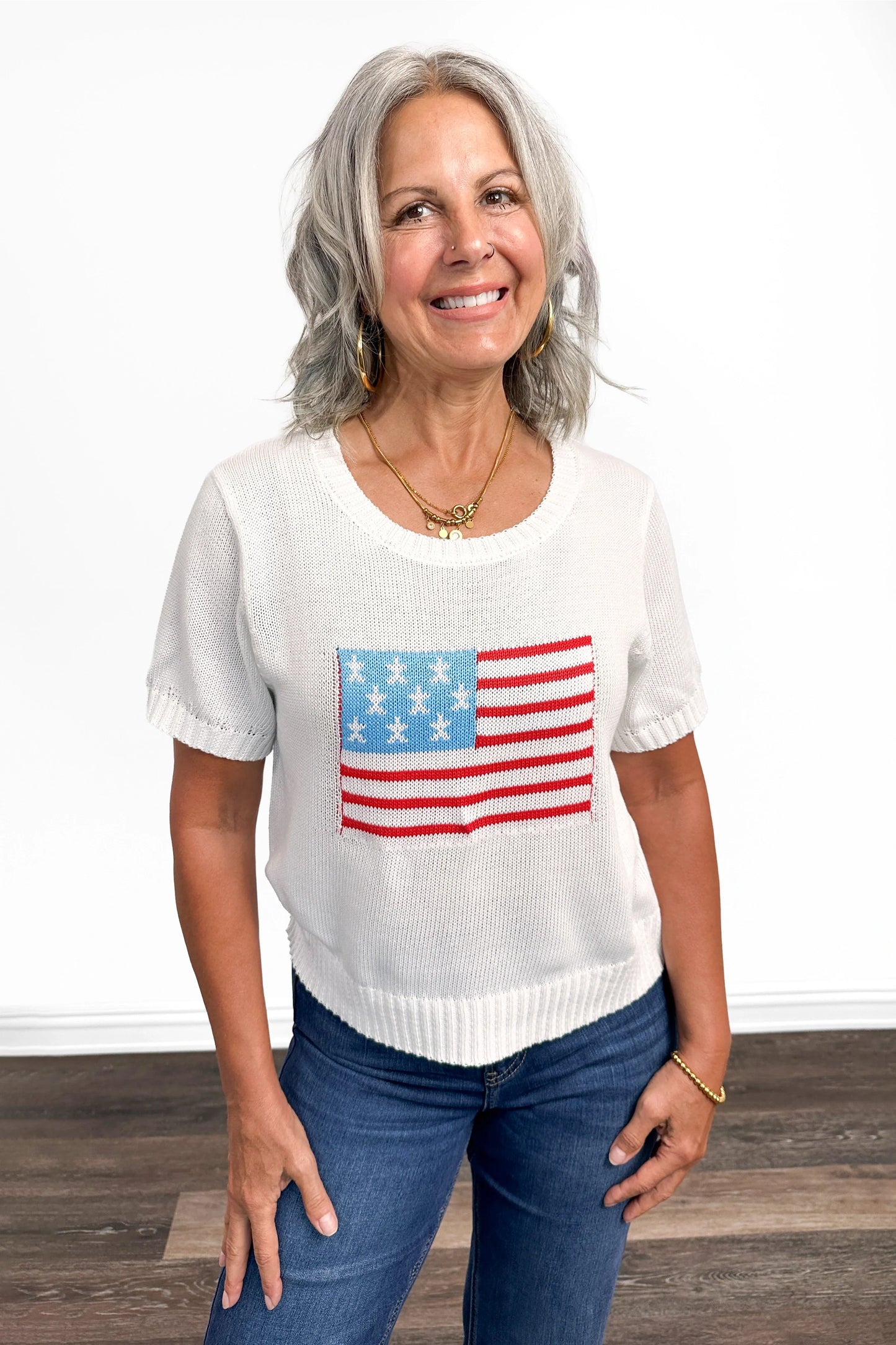Women's American Flag Short Sleeve Sweater by Ava Lane