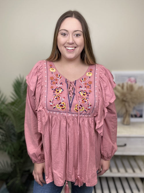 Fun Fact Women's Embroidered V-Neck Long Sleeve Top