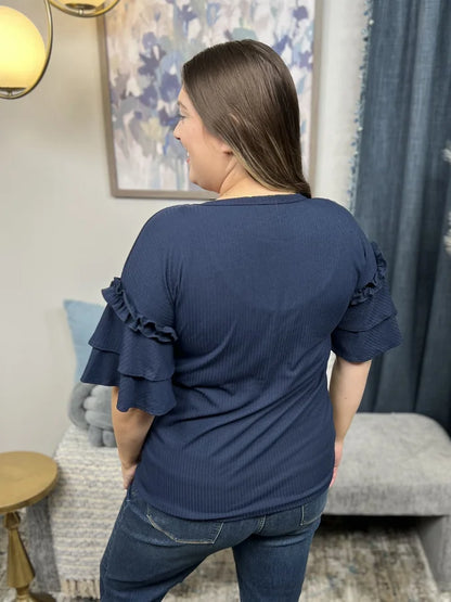 Look Inside You Women's Ribbed Ruffle Short Sleeve Top