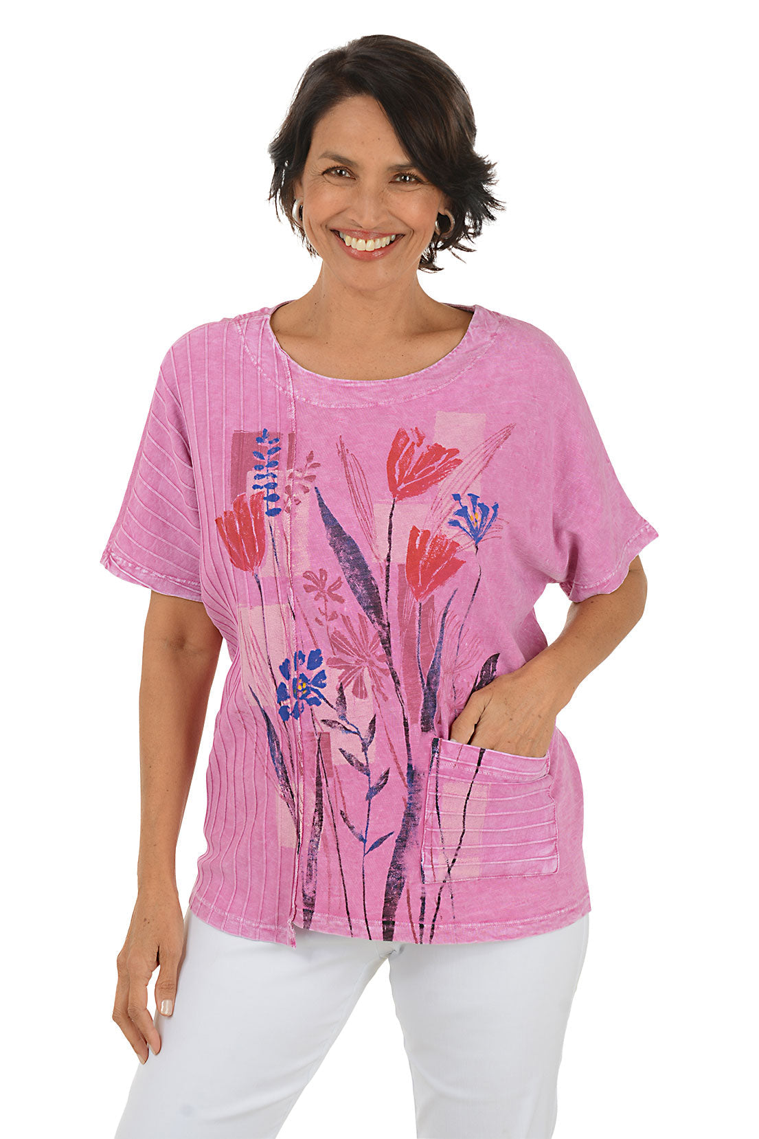 Tulips Ribbed Pocket Short Sleeve Top