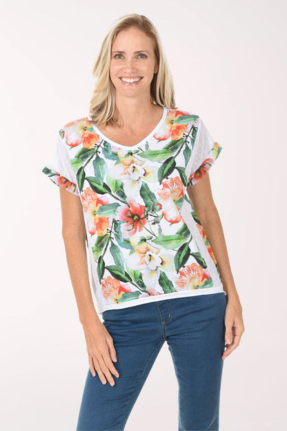 White Watercolor Blooms 100% Linen Tee