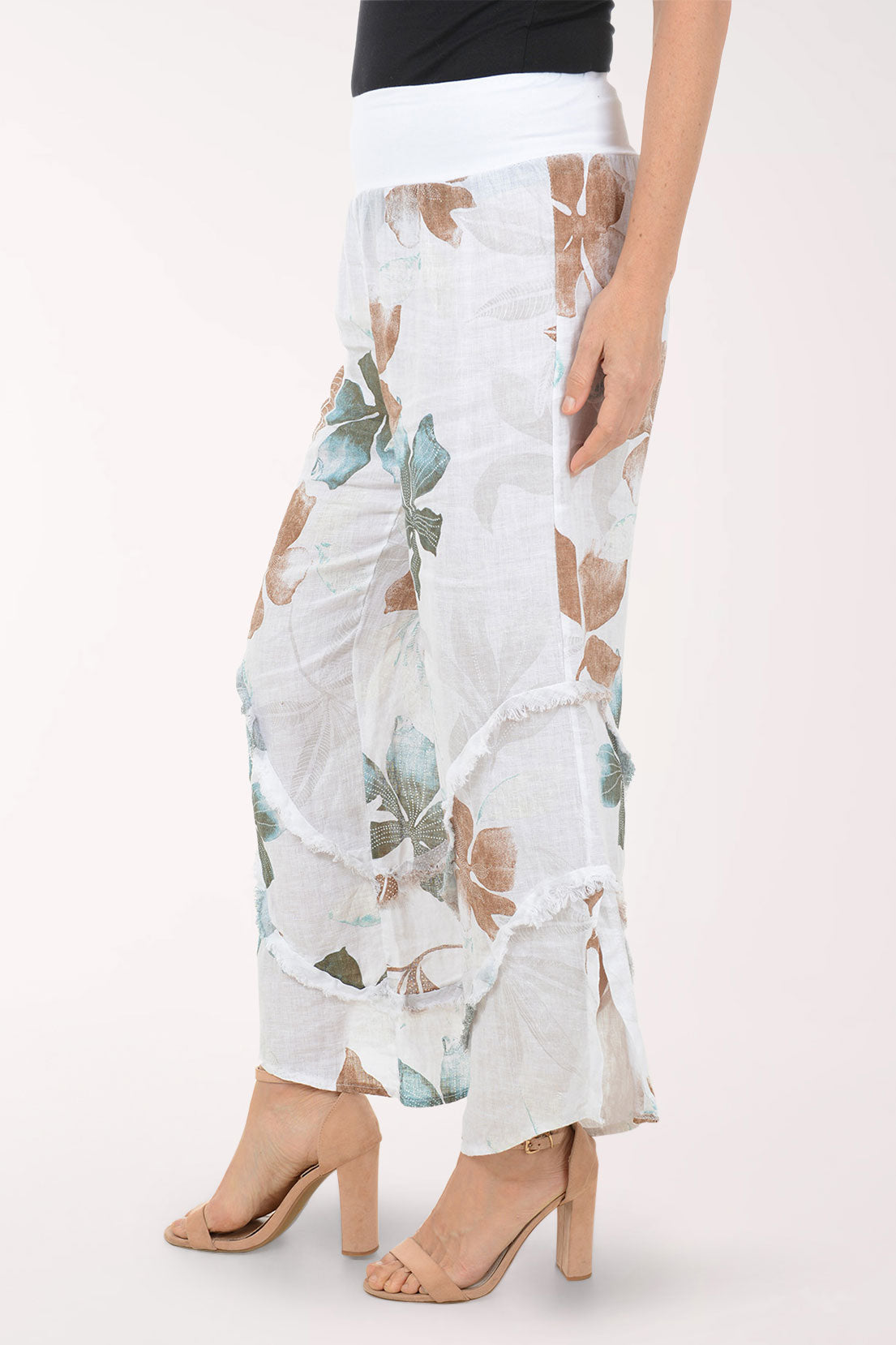 White Floral Frayed Linen Wide Leg Palazzo Pant