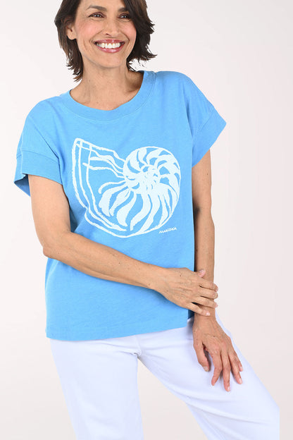White And Blue Nautilus Cap Sleeve Tee