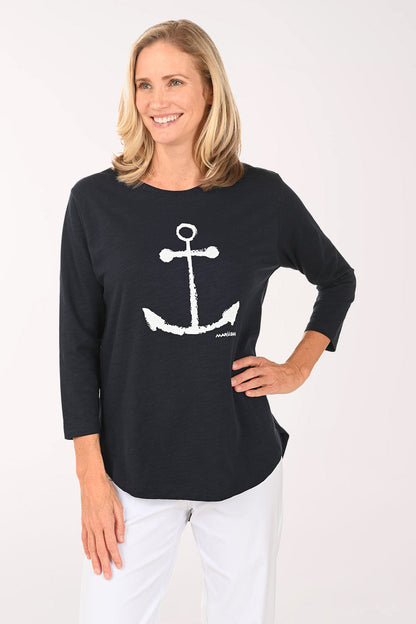 White And Navy Anchor Cotton Tunic Top