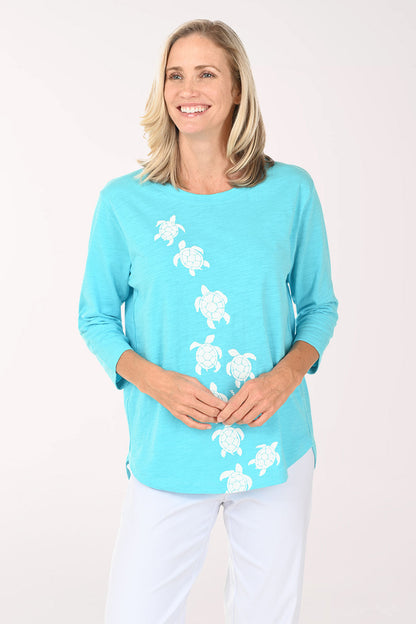 White And Pool Blue Turtles Cotton Tunic Top