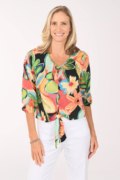 Vibrant Daisies V-Neck Tie-Front Blouse