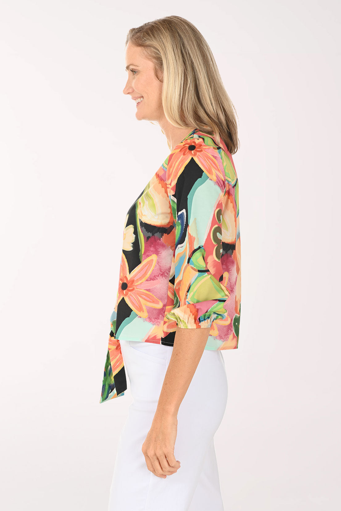 Vibrant Daisies V-Neck Tie-Front Blouse