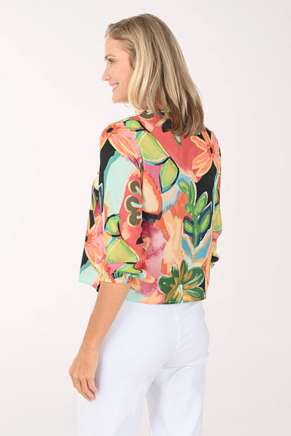 Vibrant Daisies V-Neck Tie-Front Blouse
