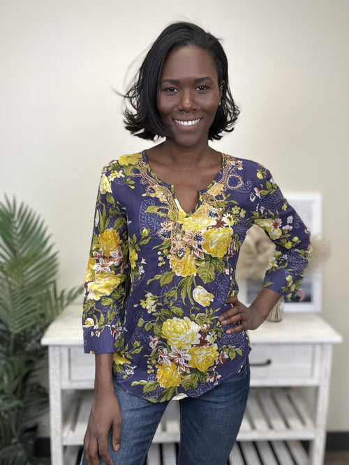 Extra Mile Women's Embroidered V-Neck Long Sleeve Top