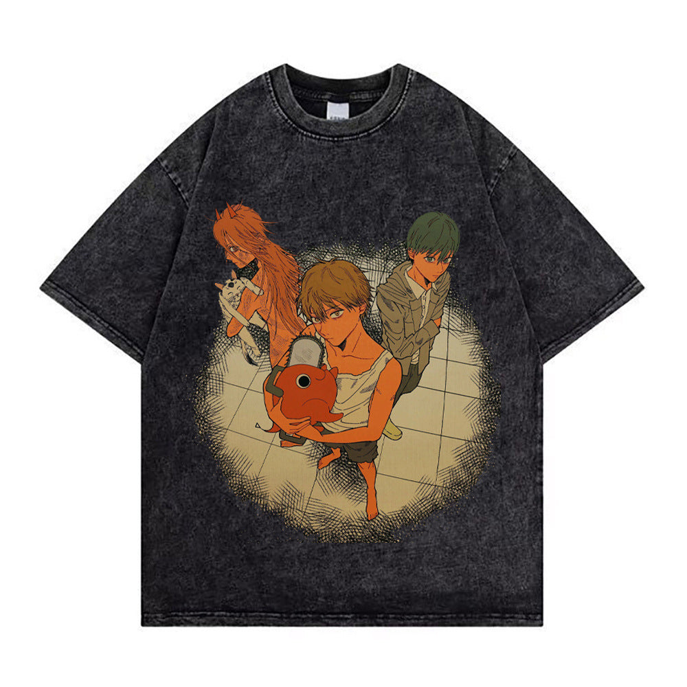 Chainsaw Man Washed Old Retro T-Shirt Street Casual Summer Short Sleeve