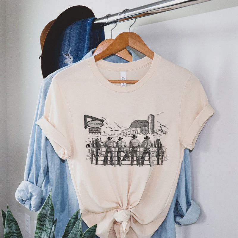 Cowboy Rodeo Hand Drawn Graphic T-Shirts Loose Short Sleeve