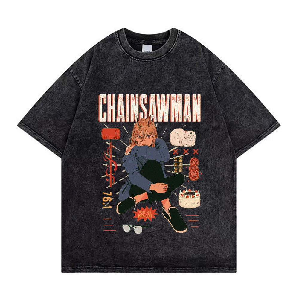 Chainsaw Man Washed Old Retro T-Shirt Street Casual Summer Short Sleeve