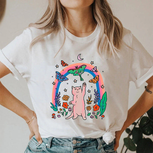 Cute Funny Cat Shirt Summer Casual Short Sleeve Loose Women