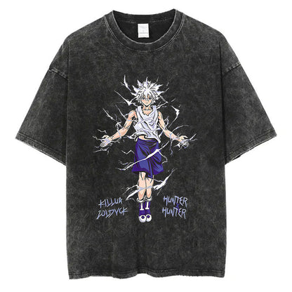 Cotton Men Women Washed Vintage T-Shirt Anime Graphic Print