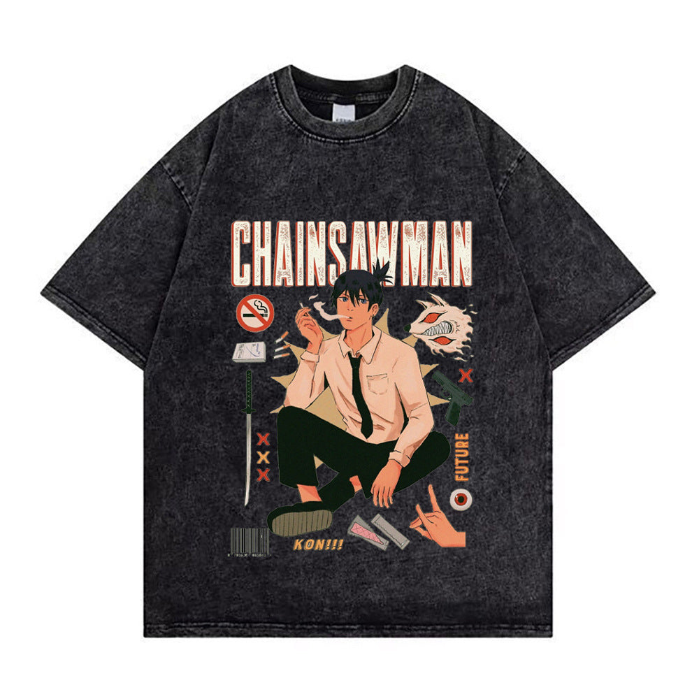 Chainsaw Man Washed Old Retro T-Shirt Street Casual Summer Short Sleeve