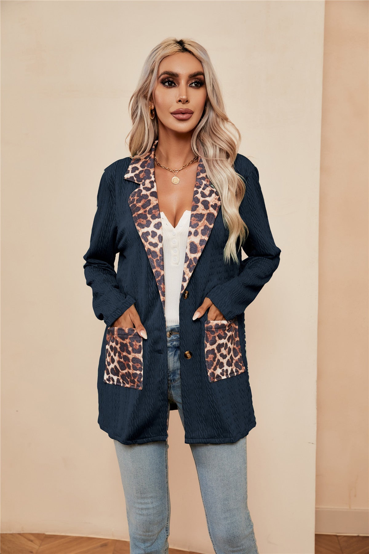 Beth Dutton Wardrobe Leopard Splicing Cardigan Women's Suit Lapel Suit Jacket Tops