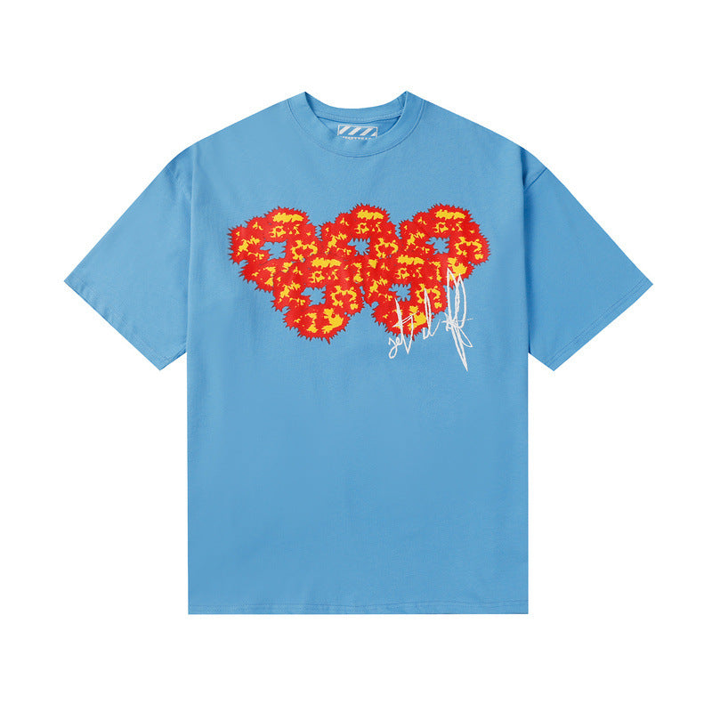 Denim Tears T Shirts Flame Wood Cotton Printed Loose Short Sleeve T-shirt