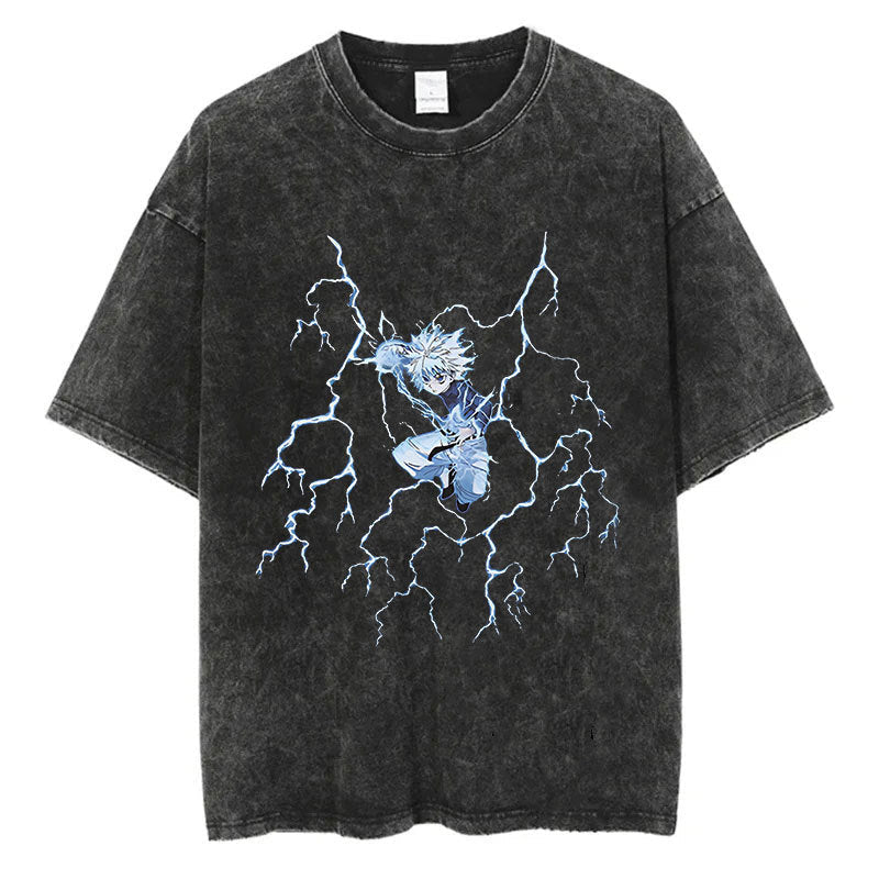 Cotton Men Women Washed Vintage T-Shirt Anime Graphic Print
