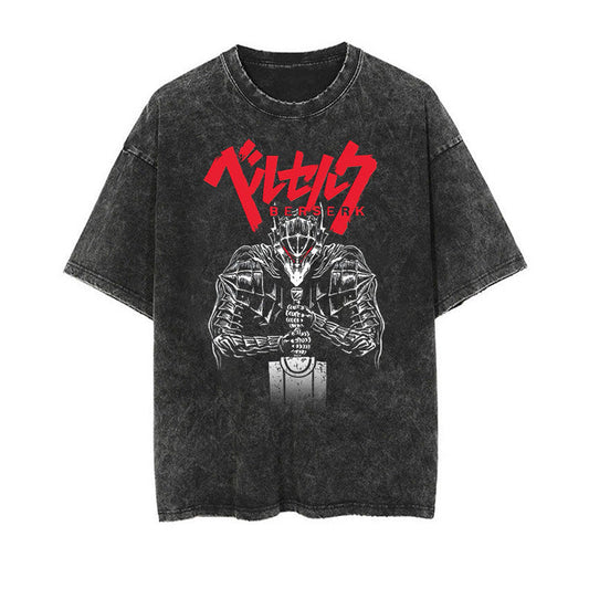 Cotton washed summer retro printed shoulder T-shirt men's and women's short sleeves