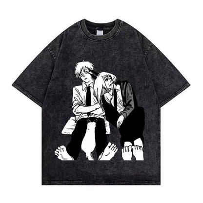 Chainsaw Man Washed Old Retro T-Shirt Street Casual Summer Short Sleeve