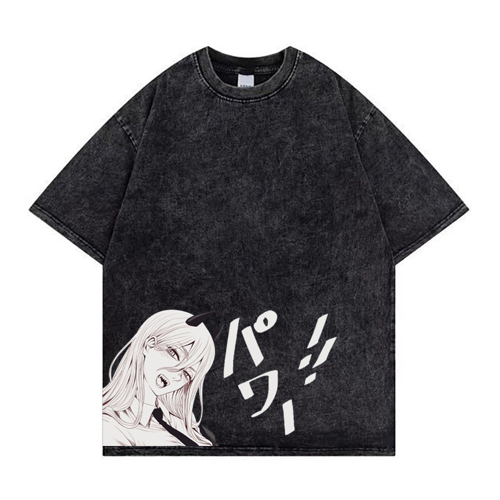 Chainsaw Man Washed Old Retro T-Shirt Street Casual Summer Short Sleeve