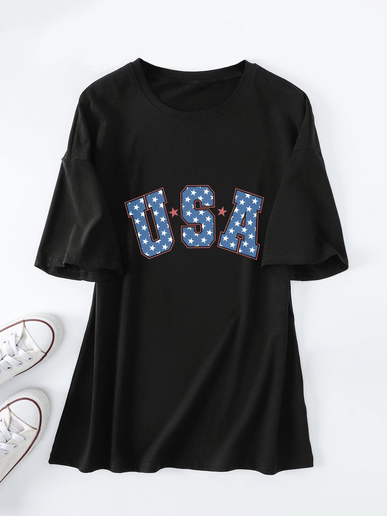 Crew neck short-sleeved usa printed T-shirt casual and loose