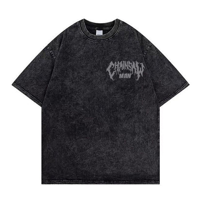 Chainsaw Man Washed Old Retro T-Shirt Street Casual Summer Short Sleeve