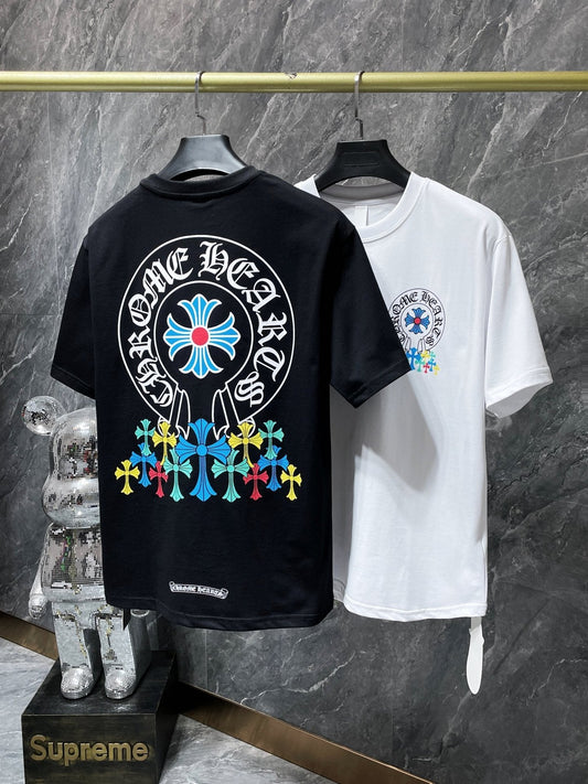 CHH Chrome Hearts T Shirts Classic Big Horseshoe Colored Cross Sanskrit Short Sleeve