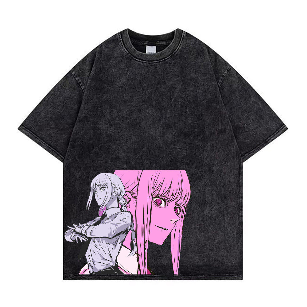 Chainsaw Man Washed Old Retro T-Shirt Street Casual Summer Short Sleeve