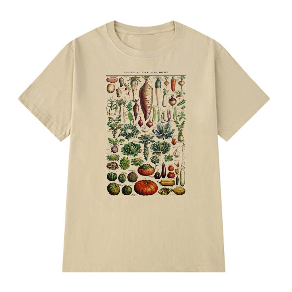 Casual Floral Print Top Vintage Vegetable Illustration