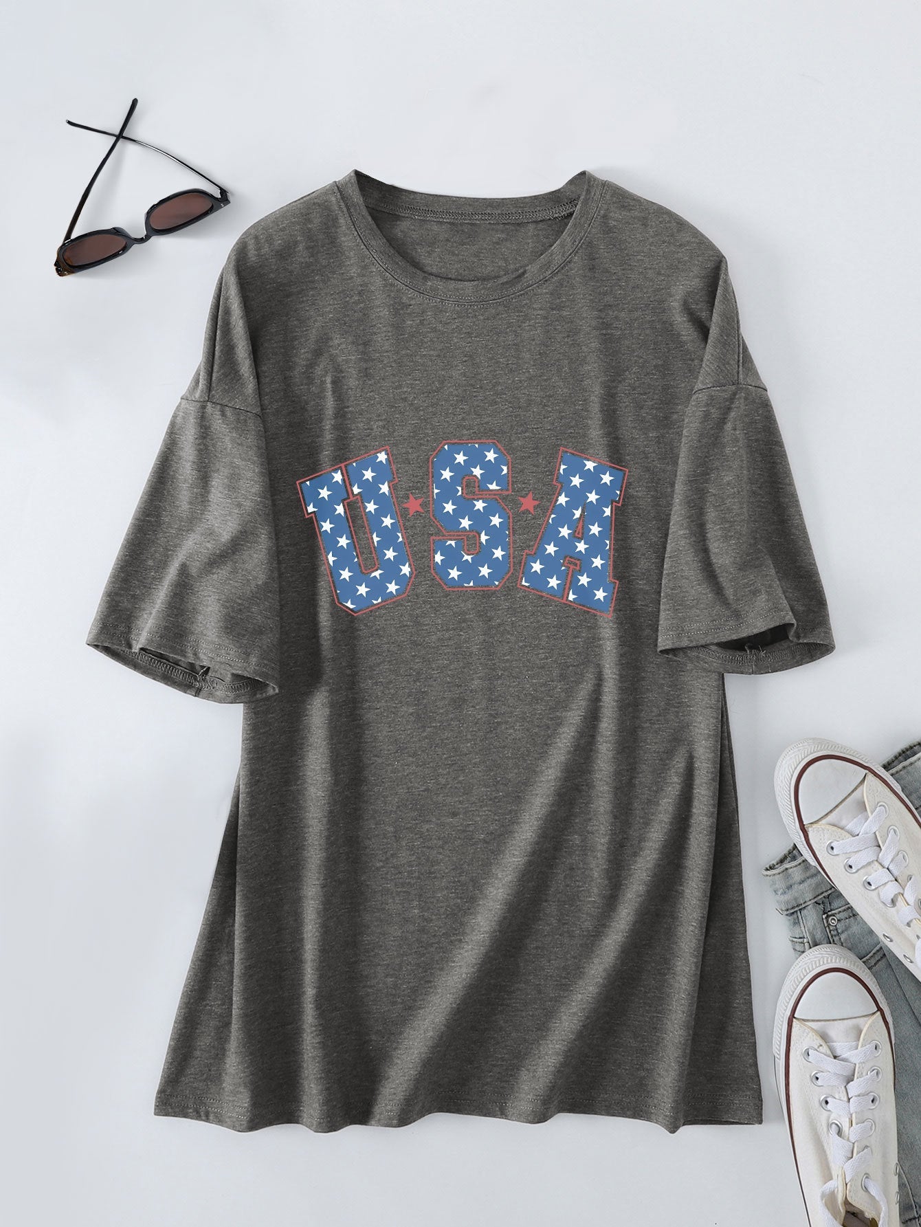 Crew neck short-sleeved usa printed T-shirt casual and loose