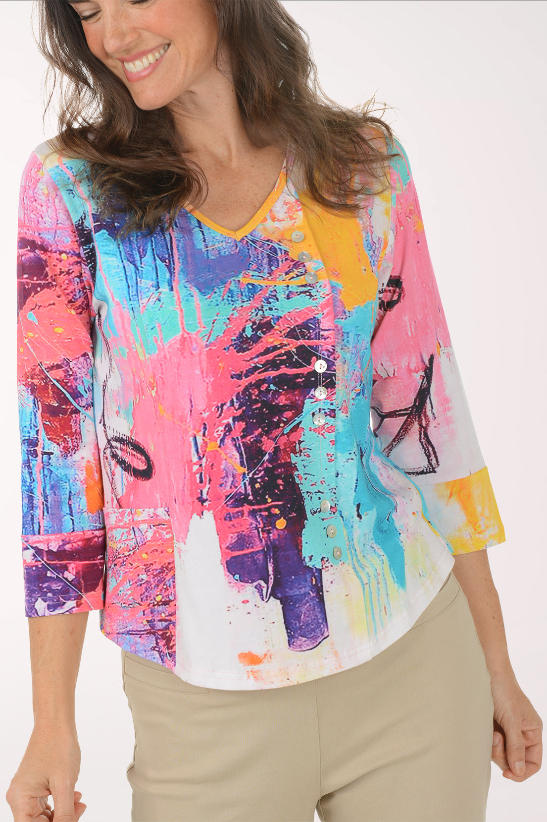 Vivian Offset Button V-Neck Top