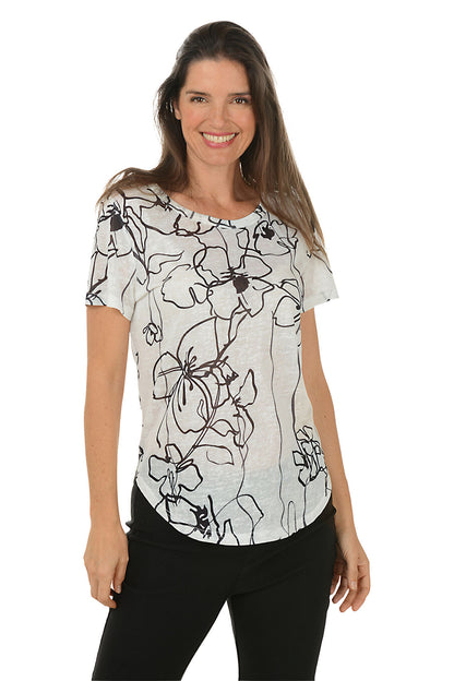 White And Black Flowers Slub Knit Tee