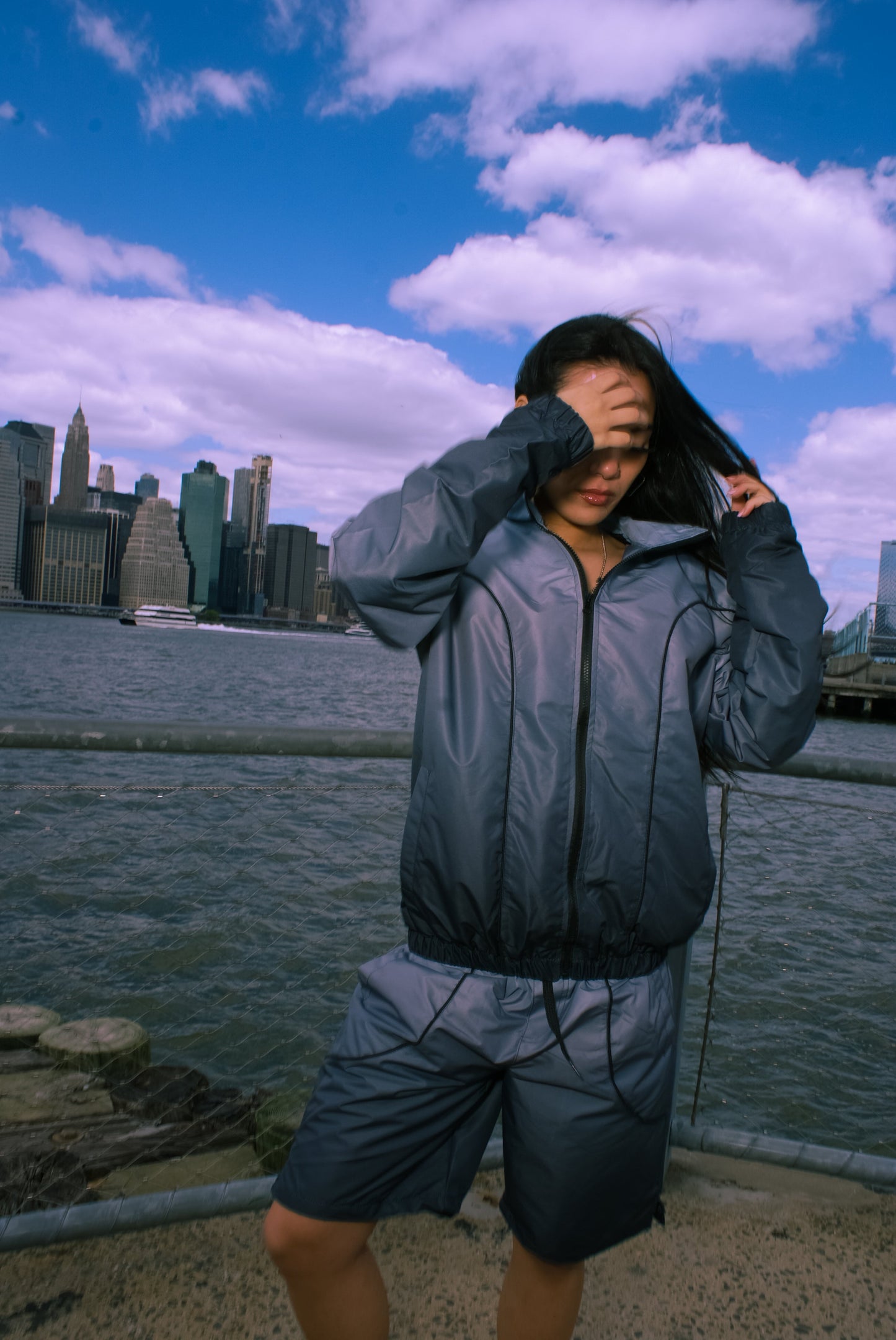 Two-tone Windbreaker Short Set Grey
