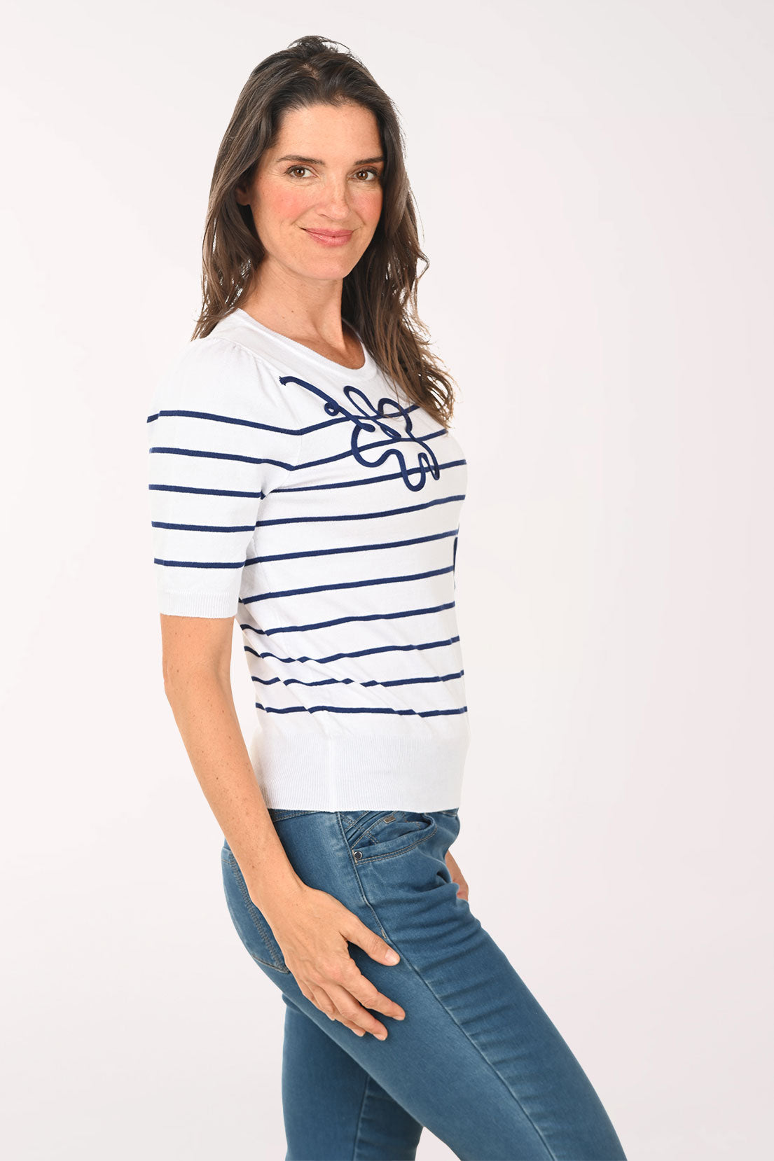 White Looping Floral Striped Short Sleeve Sweater