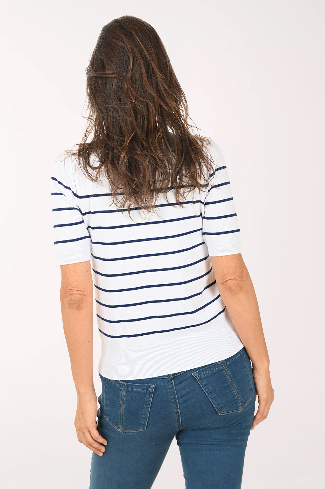 White Looping Floral Striped Short Sleeve Sweater
