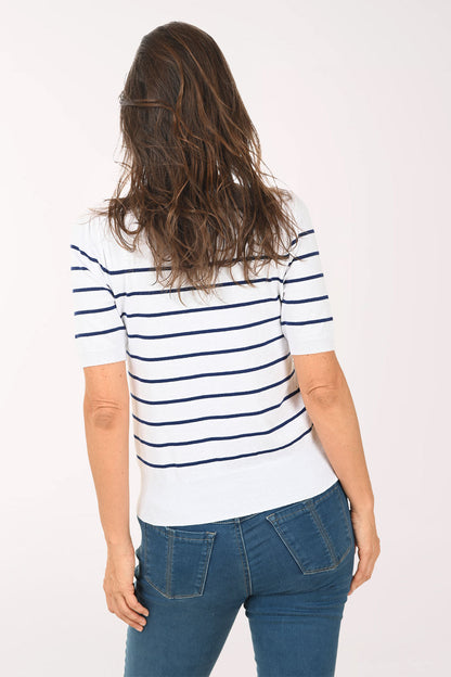 White Looping Floral Striped Short Sleeve Sweater