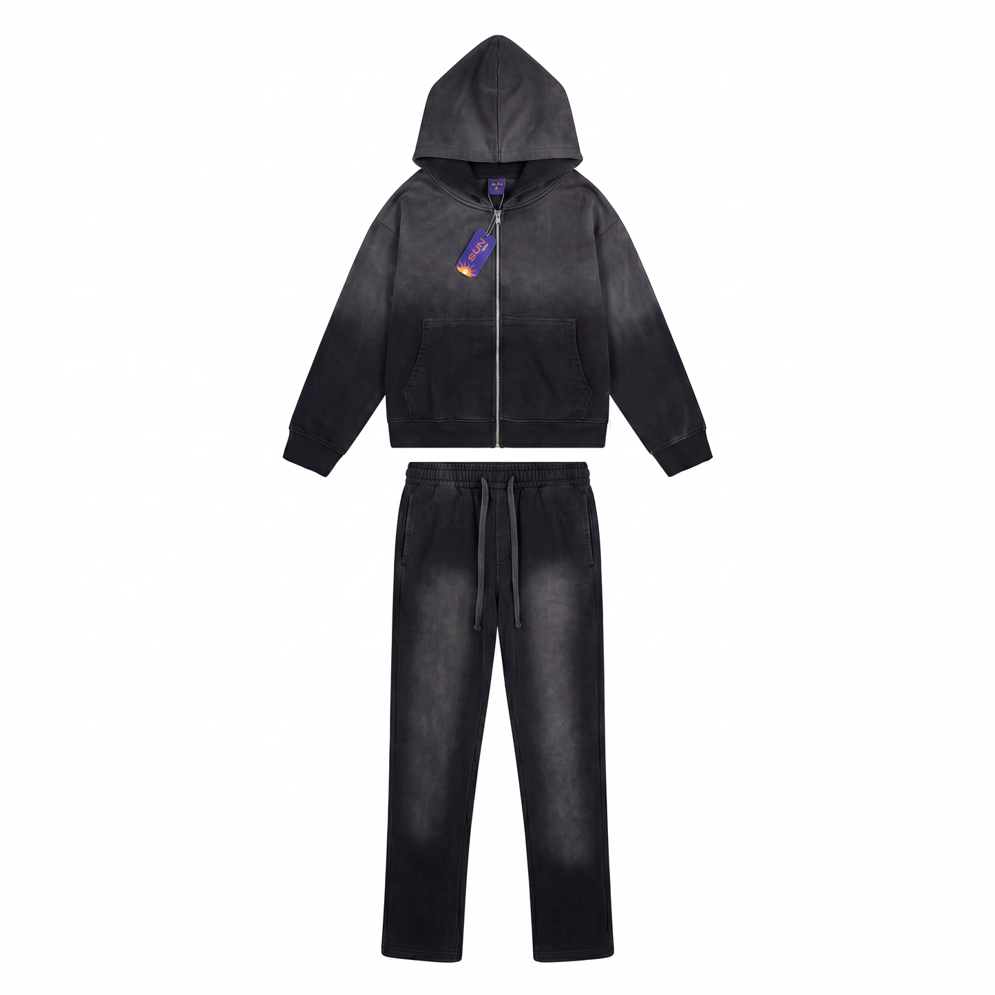 Zip Up Acid Wash Sets Black Sun Dry