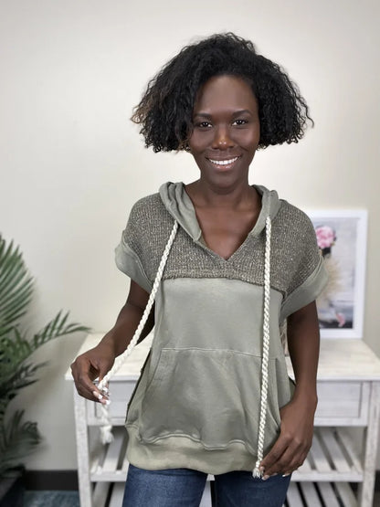 One Way Ticket Women's Knit Hooded Short Sleeve Top