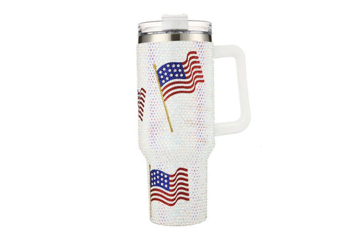 Rhinestone FLAG Themed WHITE Insulated Tumbler Cup