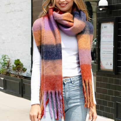 Multi-Color Plaid Oblong Scarf Shawl with Fringe