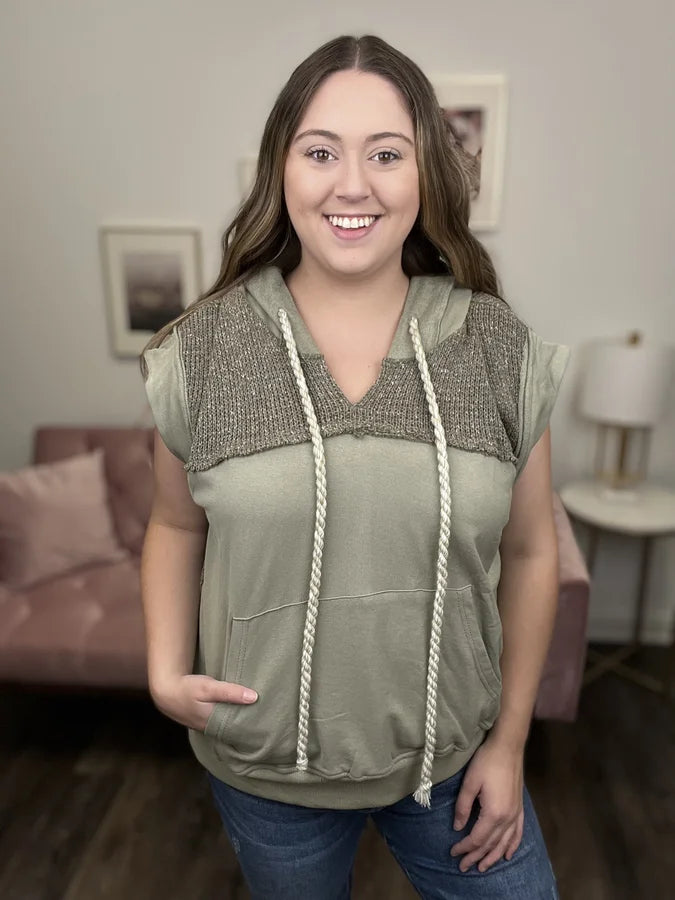 One Way Ticket Women's Knit Hooded Short Sleeve Top