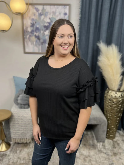 Look Inside You Women's Ribbed Ruffle Short Sleeve Top