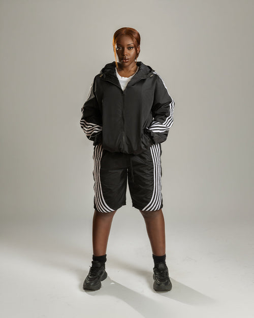 Stripped Windbreaker Jacket and Short Set Black