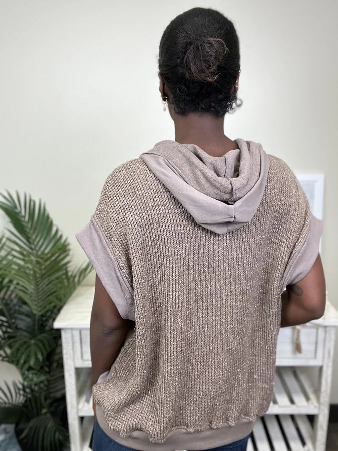 One Way Ticket Women's Knit Hooded Short Sleeve Top