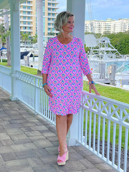 PALM TREE SIESTA RUFFLE SLEEVE DRESS